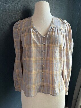 Mason's Daughter Cottagecore Plaid Puff Sleeve Button Blouse 100% Cotton Size XS